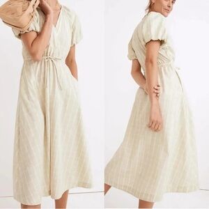Madewell Plaid Tie Waist Faux Wrap Midi Dress Pockets Small Cotton Puff Sleeves